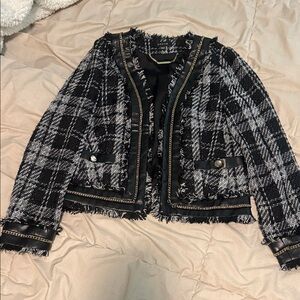 Cache Women's Black and White Tweed jacket with outlined with gold chains